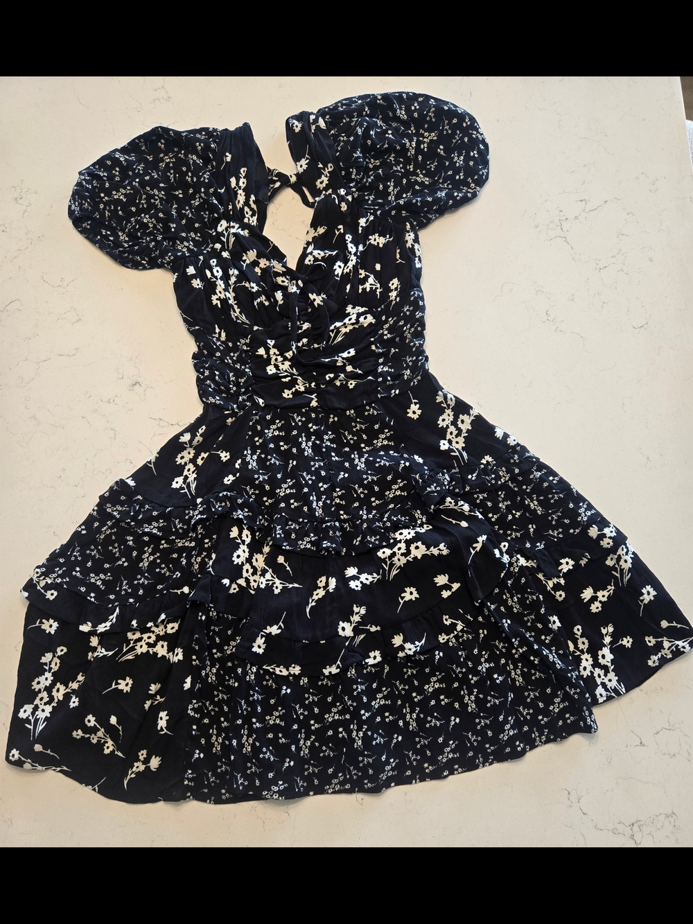 NWT Capuccino Black Floral Ruched Tiered Cutout Mini Dress XS